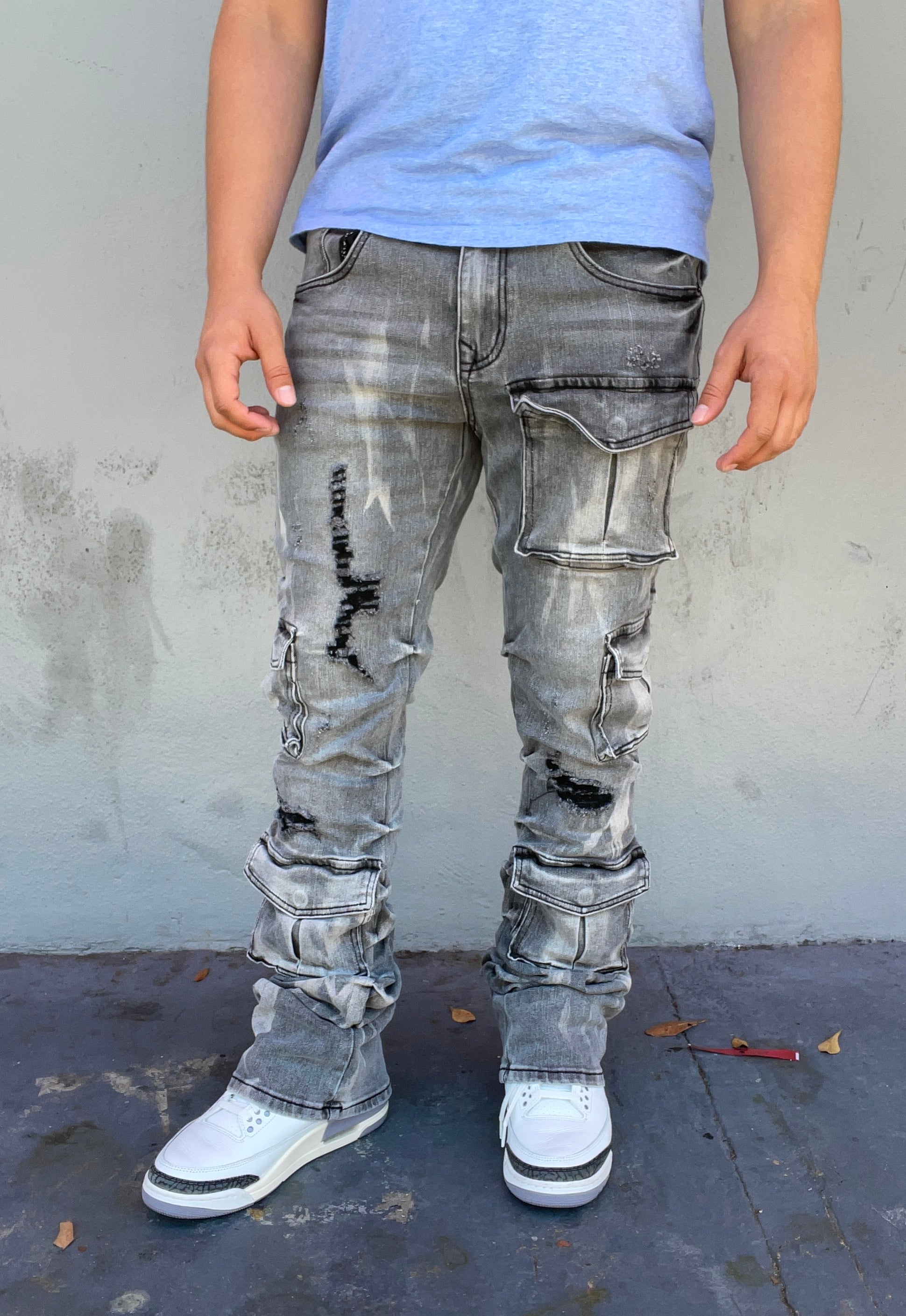 Vintage Grey Cargo Cut Stacked Jeans