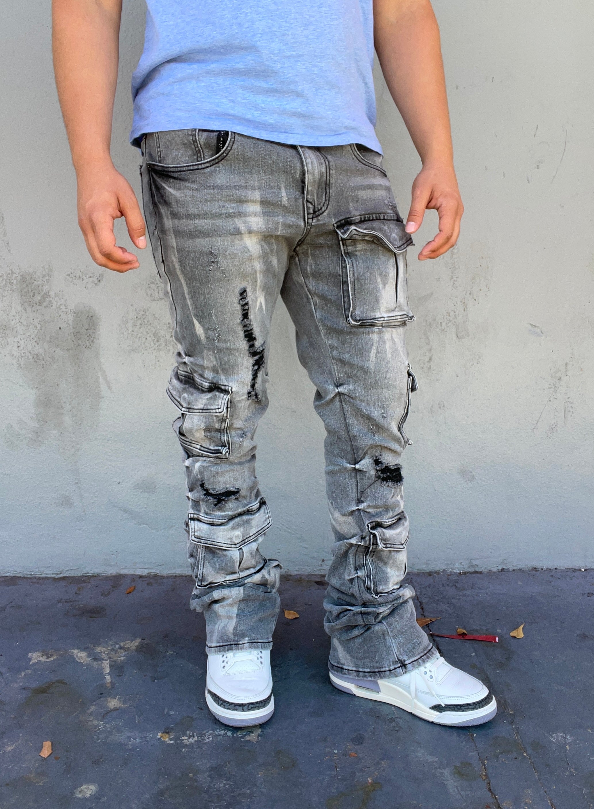 Vintage Grey Cargo Cut Stacked Jeans