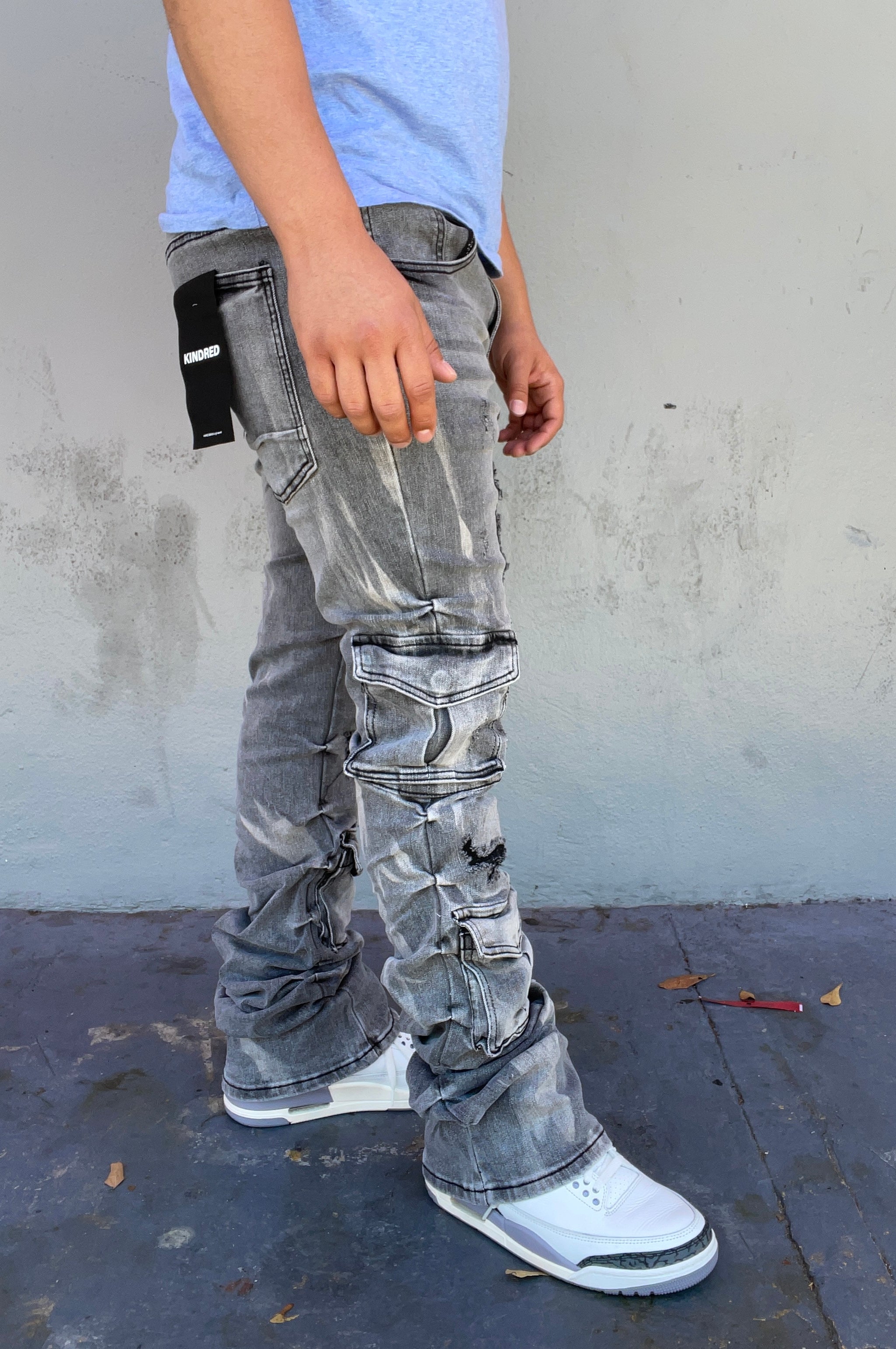 Vintage Grey Cargo Cut Stacked Jeans