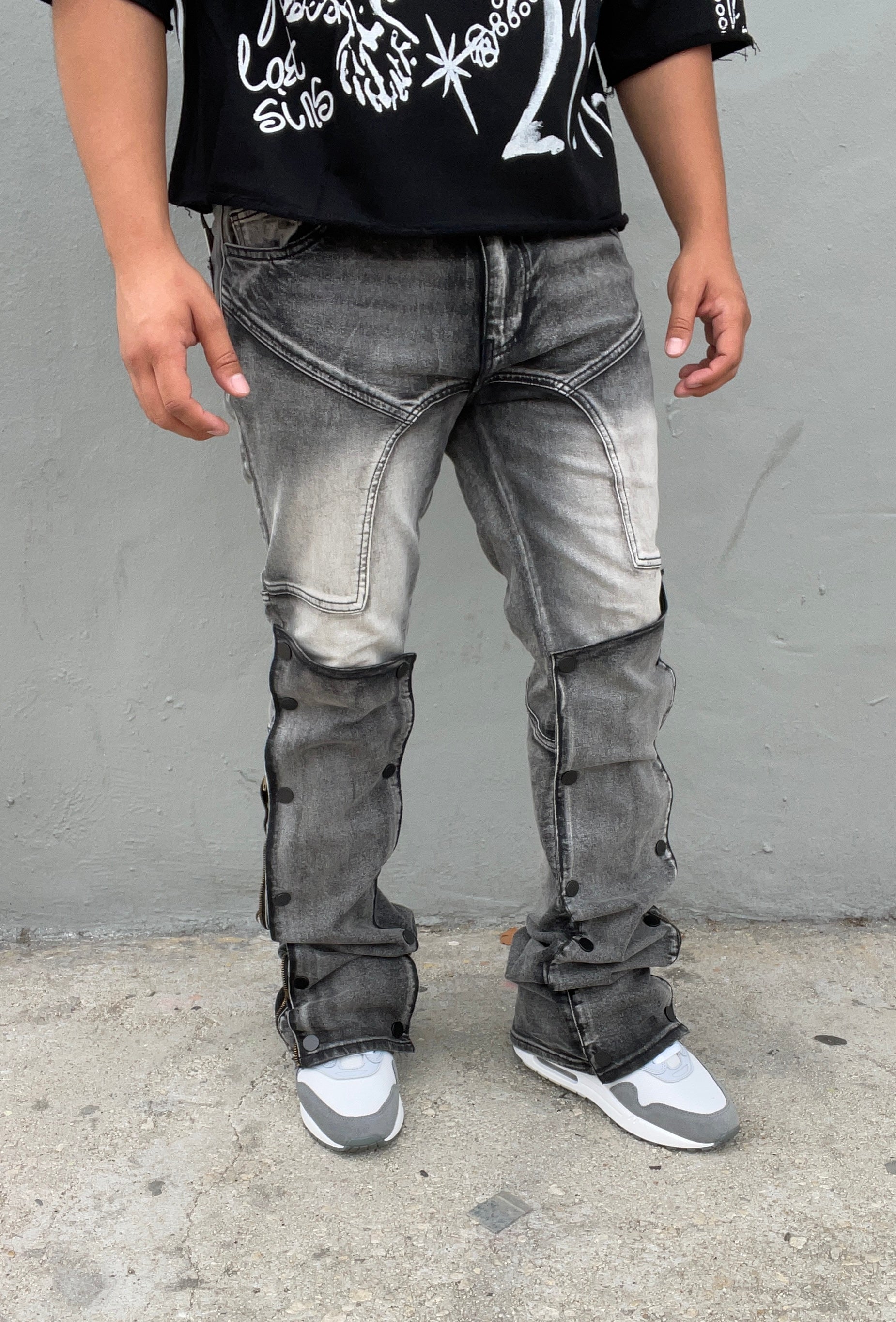 Smoke Grey Patch Work Skinny Flare Jeans