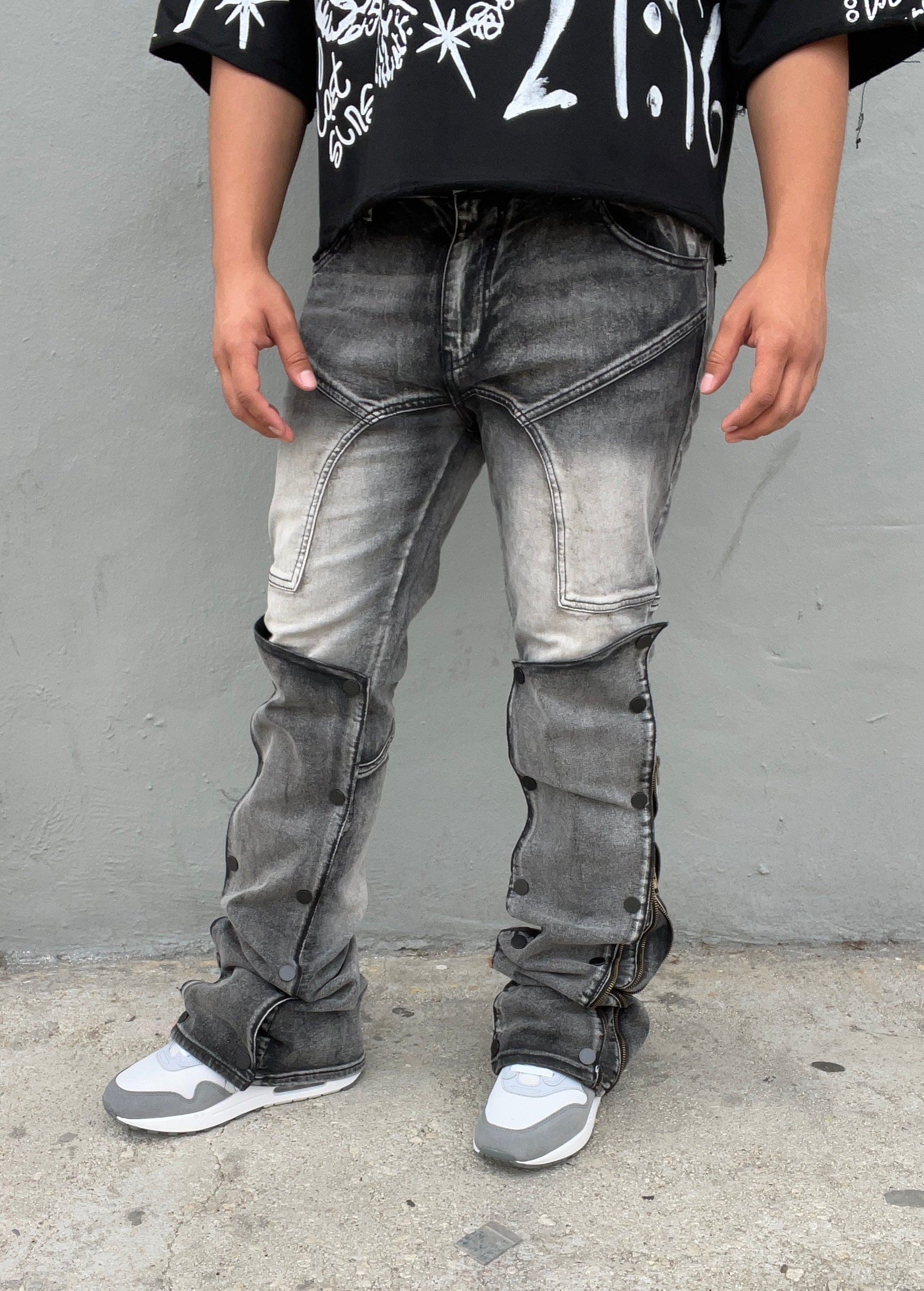 Smoke Grey Patch Work Skinny Flare Jeans