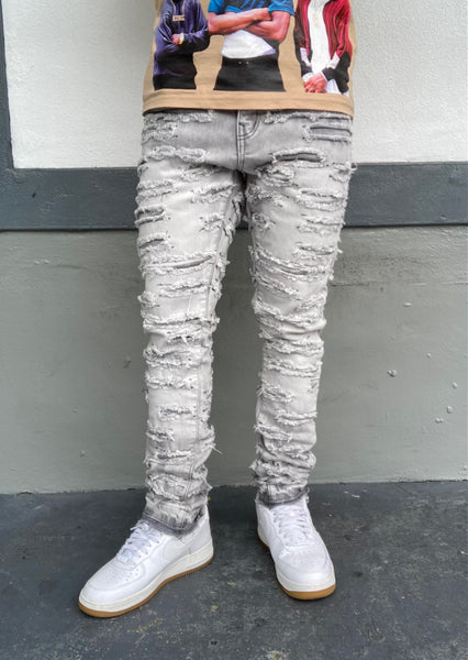 Destroyed Light Grey Stacked Jeans