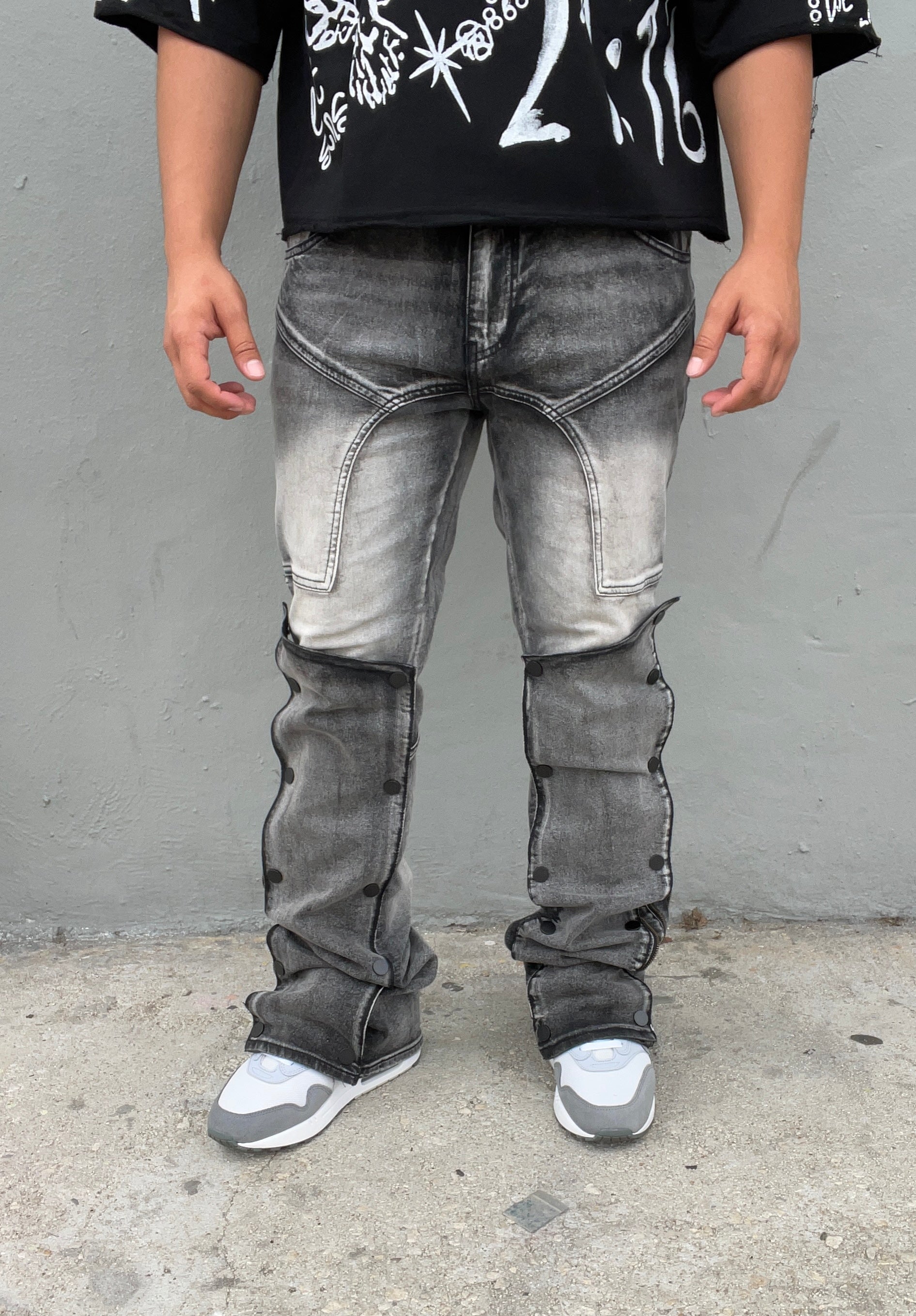 Smoke Grey Patch Work Skinny Flare Jeans