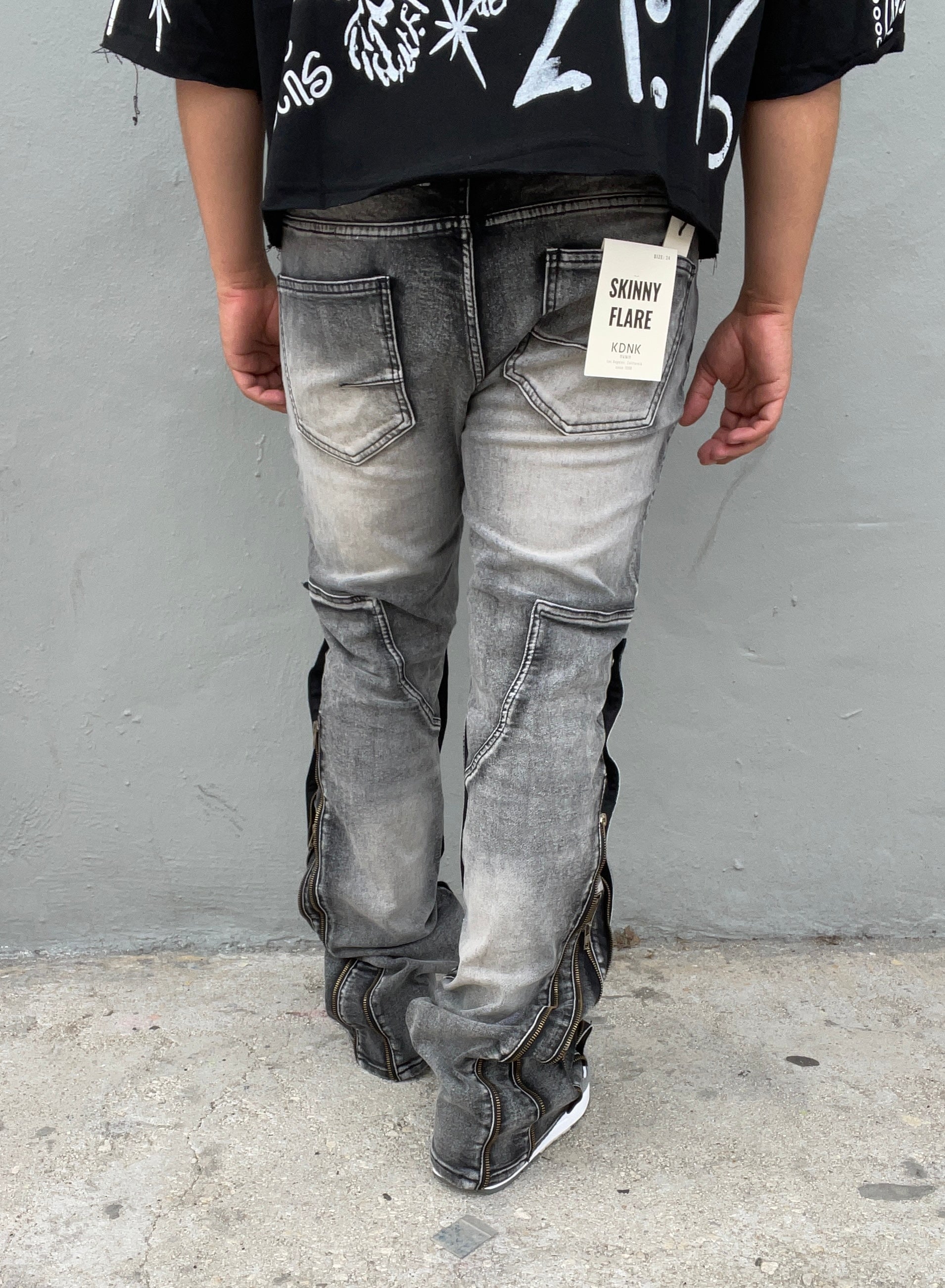 Smoke Grey Patch Work Skinny Flare Jeans