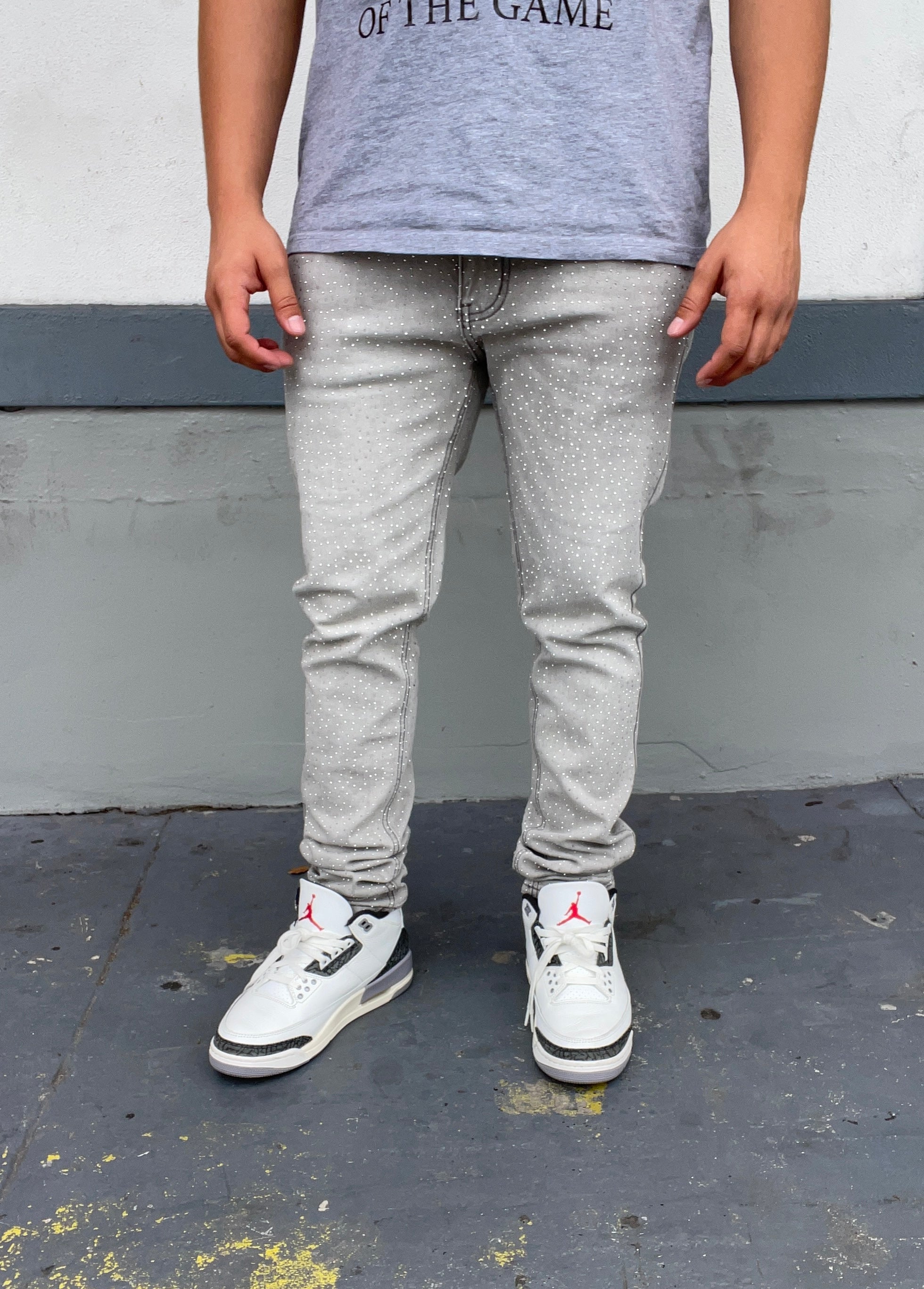 Grey Rhinestone Skinny Fit Jeans
