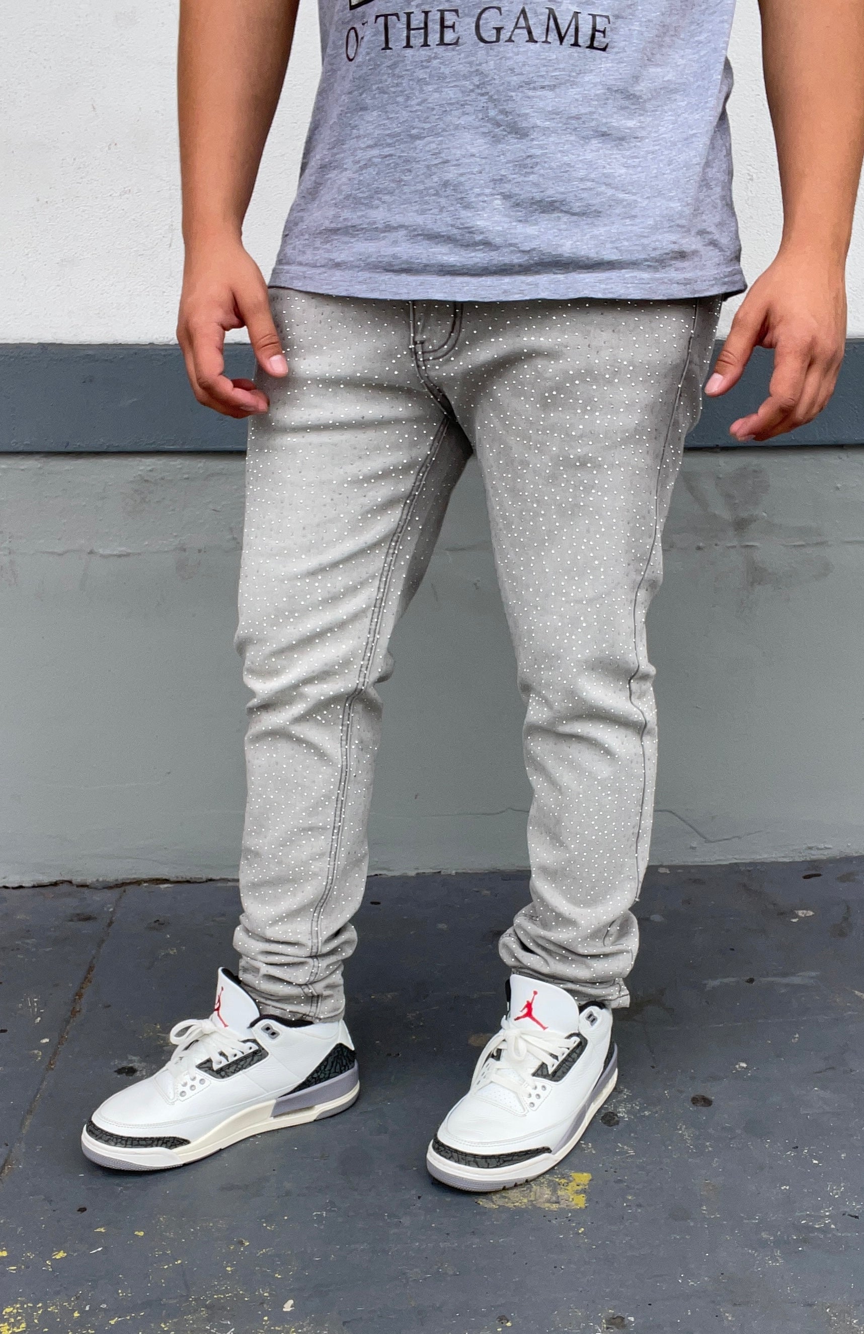Grey Rhinestone Skinny Fit Jeans