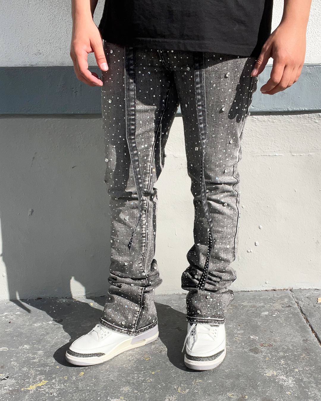 Stone Mountain Vintage Grey Flared Rhinestone Jeans