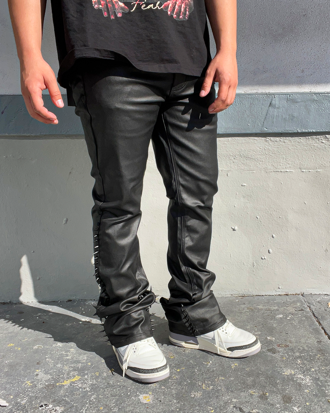 Sharp Cut Wax Coated Skinny Flared Jeans