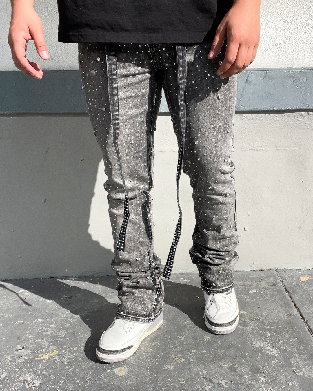 Stone Mountain Vintage Grey Flared Rhinestone Jeans