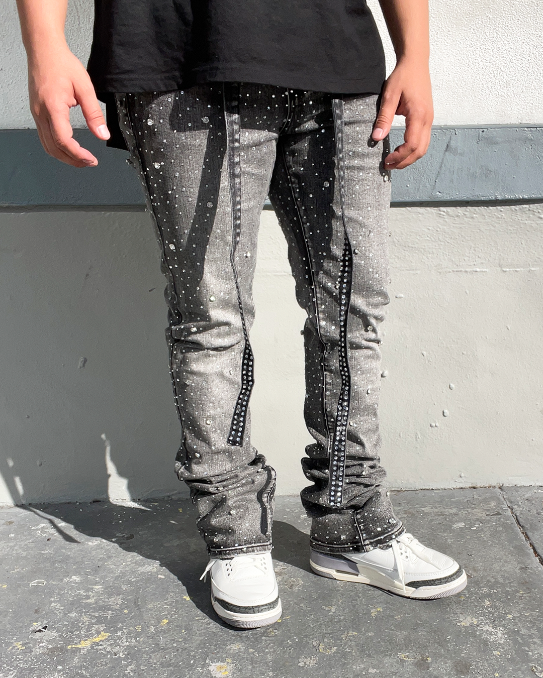 Stone Mountain Vintage Grey Flared Rhinestone Jeans