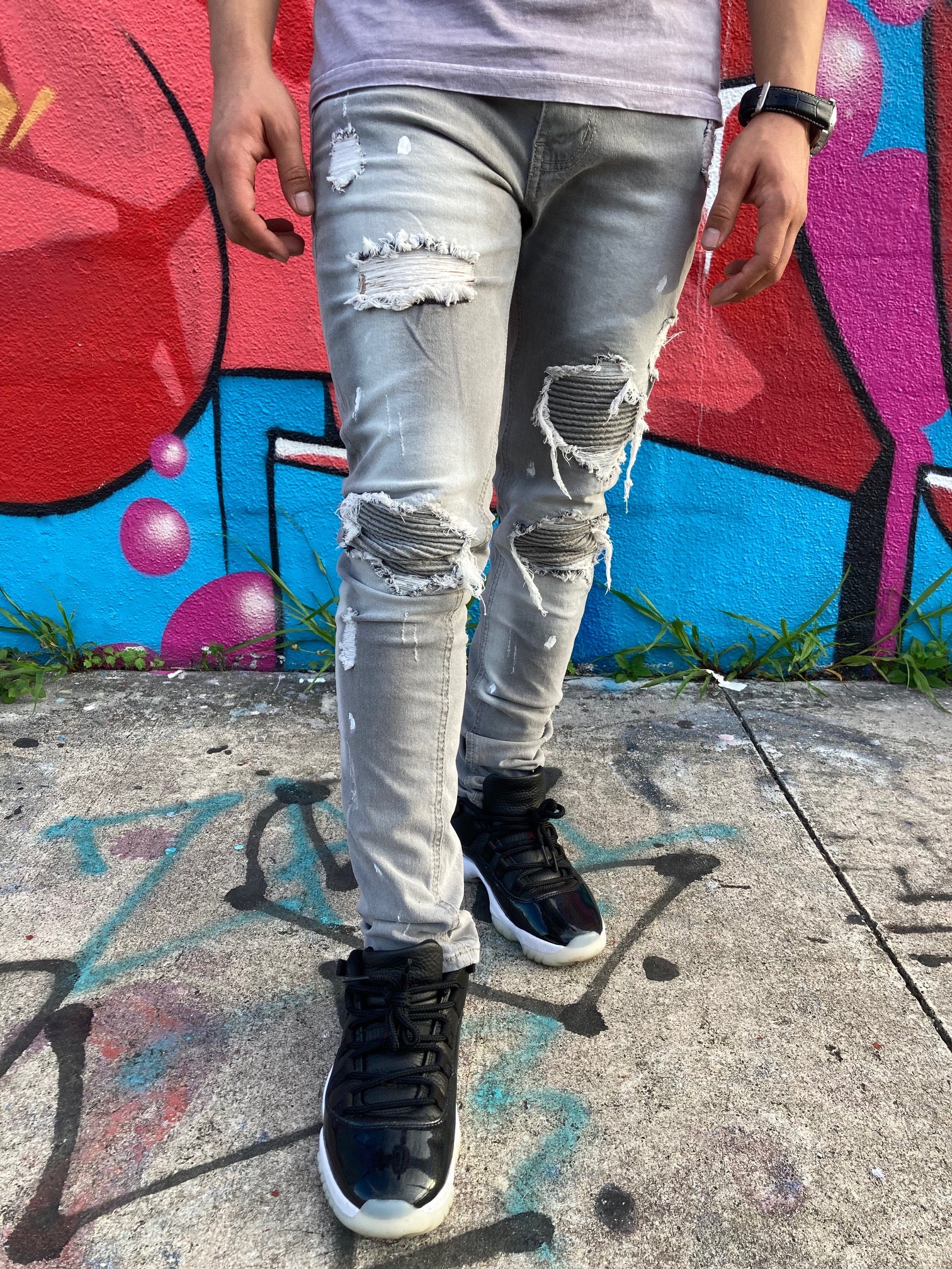 Pintuck Patched Jeans (Grey)